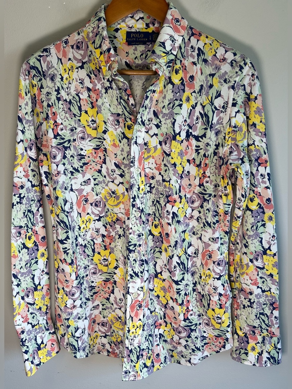 Polo Ralph Lauren Women’s Floral Blouse Knit Oxford Button Up Shirt Size L EUC